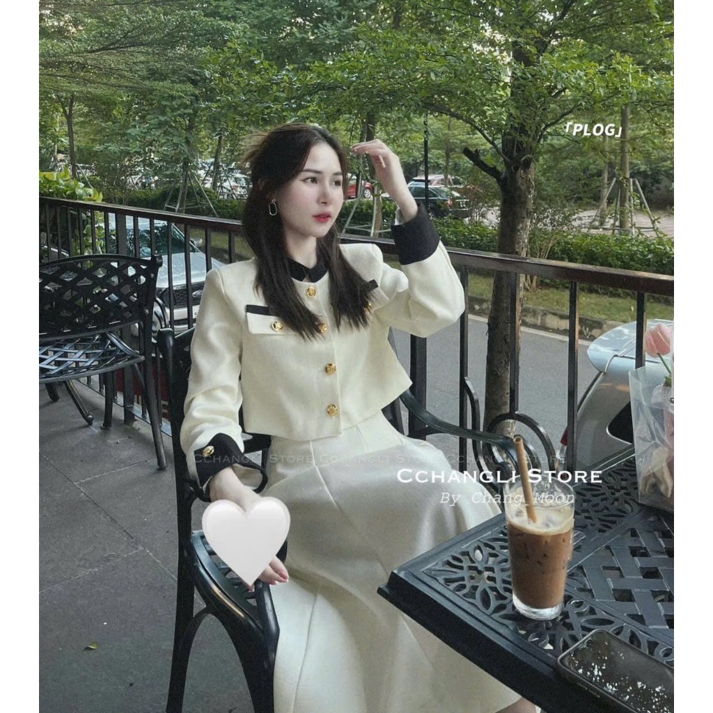 Set váy nữ áo dạ cổ trụ croptop phối cúc vàng tay lật dài sang chảnh mix chân váy dáng dài vintage