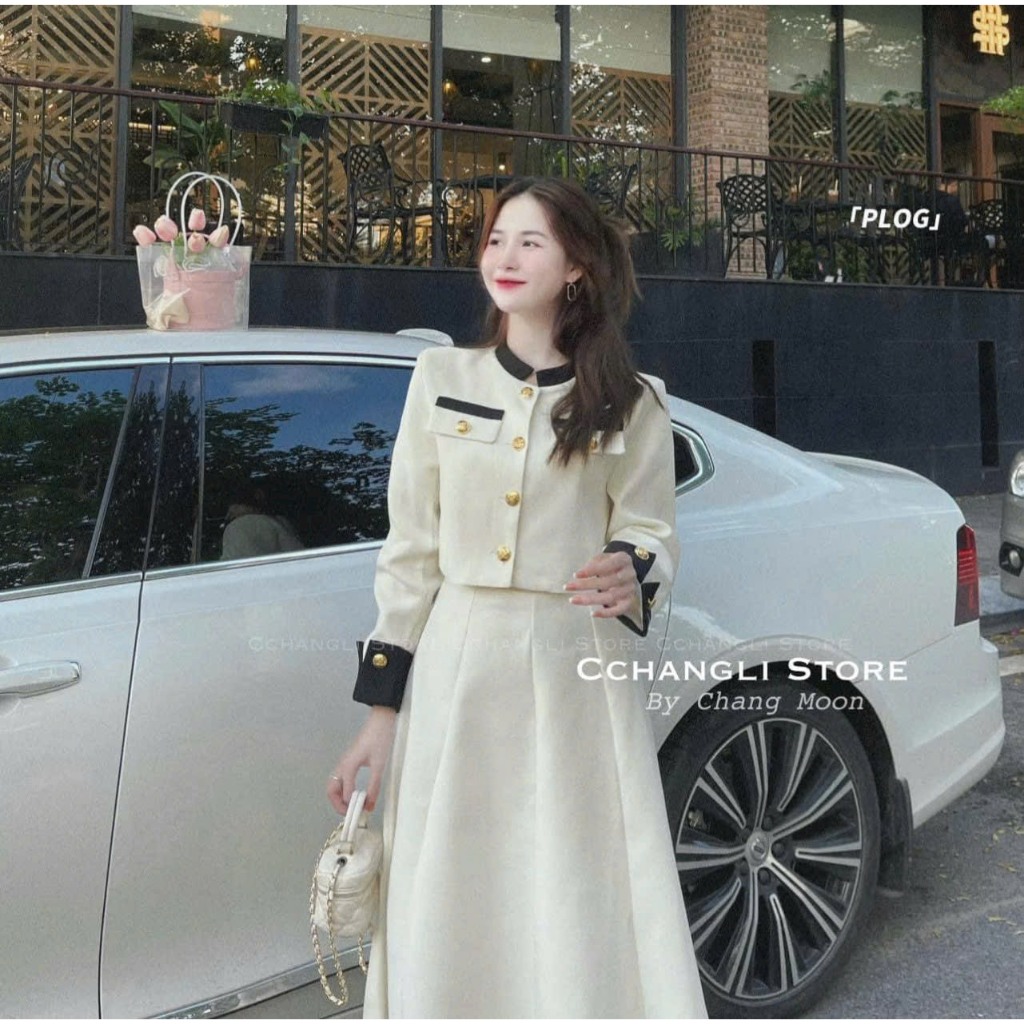 Set váy nữ áo dạ cổ trụ croptop phối cúc vàng tay lật dài sang chảnh mix chân váy dáng dài vintage