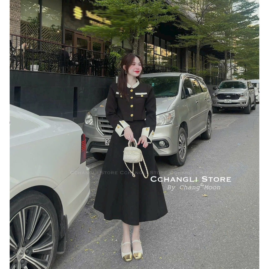 Set váy nữ áo dạ cổ trụ croptop phối cúc vàng tay lật dài sang chảnh mix chân váy dáng dài vintage