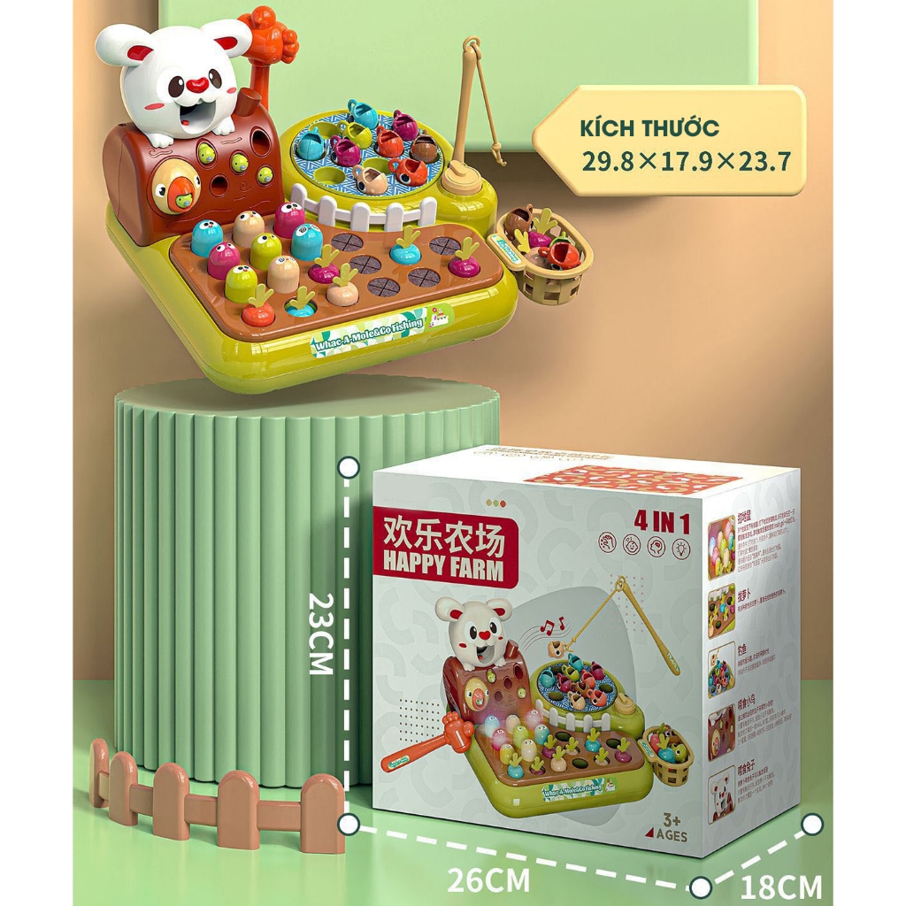 Đồ chơi nông trại vui vẻ 4in1 tích hợp câu cá, nhỏ cà rốt cho thỏ ăn Happy Farm có cảm ứng nhạc đèn.
