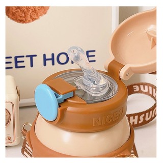 ( giảm 50% xả kho )  Bình giữ nhiệt hoạt hình có ống hút silicon  inox 316 kèm dây đeo