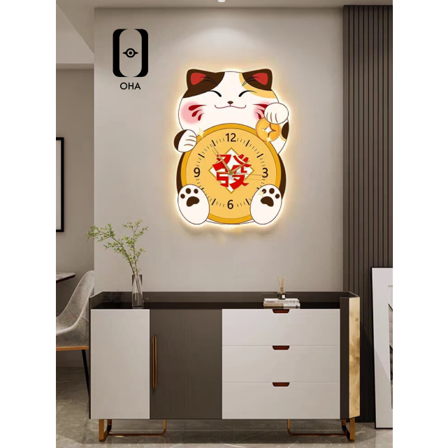 Đồng Hồ 3D Led Mèo Thần Tài May Mắn Treo TẾT Phòng Khách, Quán Cafe, Tiệm Trang Sức, Quà Tặng Khai Trương Hồng Phát