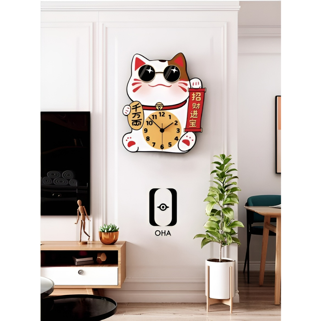 Đồng Hồ 3D Led Mèo Thần Tài May Mắn Treo TẾT Phòng Khách, Quán Cafe, Tiệm Trang Sức, Quà Tặng Khai Trương Hồng Phát