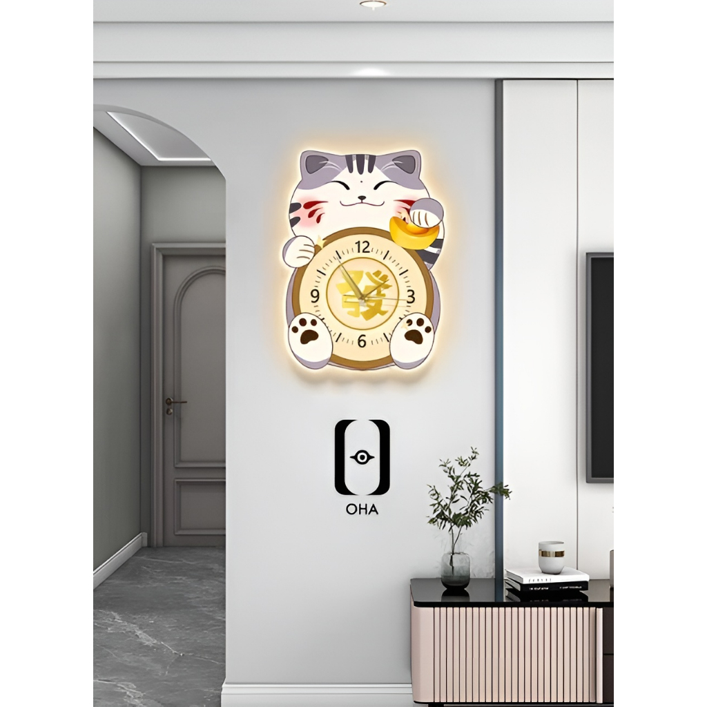 Đồng Hồ 3D Led Mèo Thần Tài May Mắn Treo TẾT Phòng Khách, Quán Cafe, Tiệm Trang Sức, Quà Tặng Khai Trương Hồng Phát