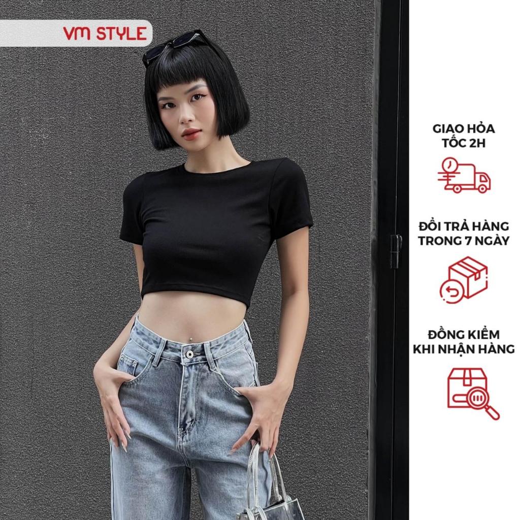 Áo croptop trơn Nữ VMSTYLE chất thun co giãn ngắn tay nhiều màu sắc – ATU00028