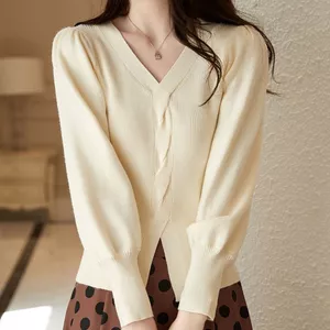 Áo Len Cổ V Tay Phồng Màu Trơn Cho Nữ AL91