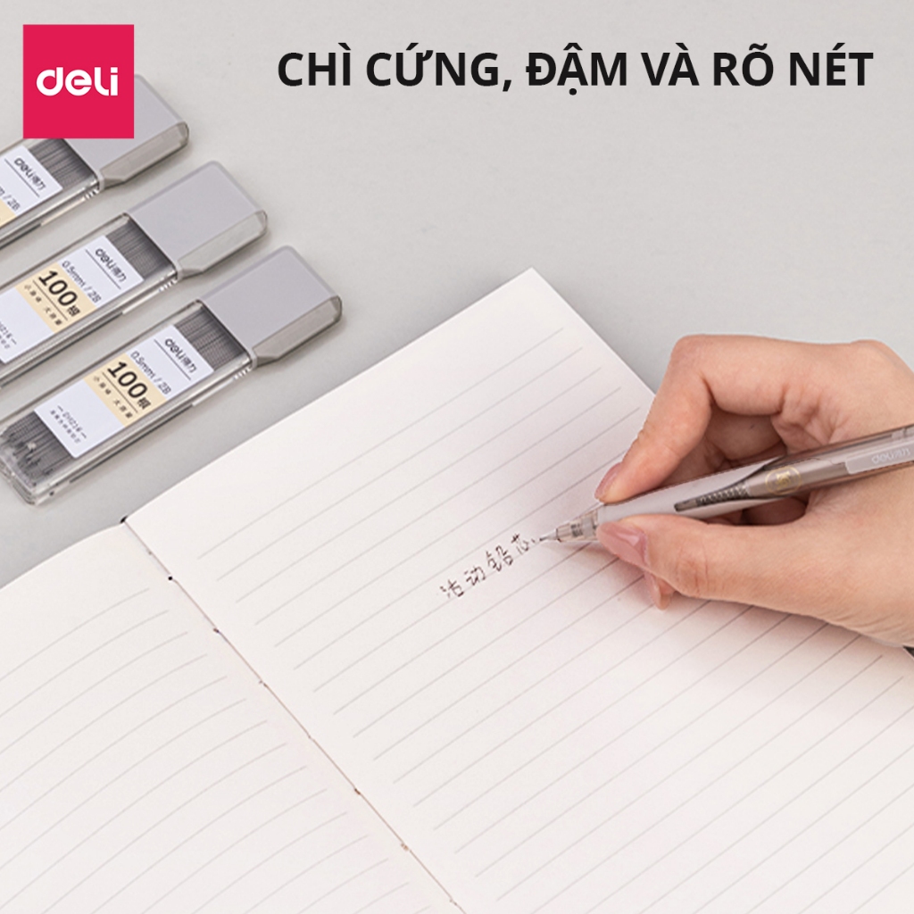 Ảnh Ruột bút chì kim 0.5mm Deli, ngòi chì kim 100 chiếc 2B, lõi chì bấm nhỏ gọn tiện lợi phù hợp cho học sinh, văn phòng 1