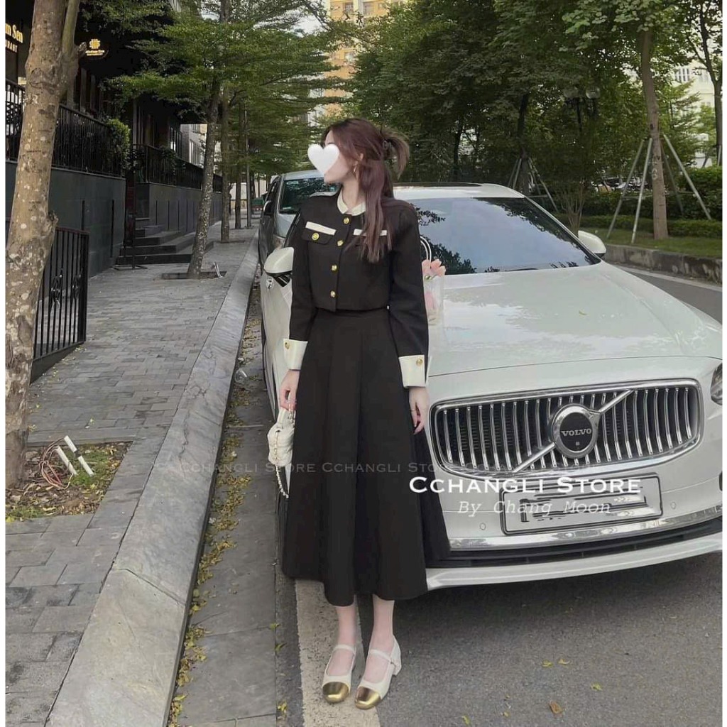 Set váy nữ áo dạ cổ trụ croptop phối cúc vàng tay lật dài sang chảnh mix chân váy dáng dài vintage