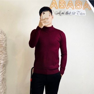 Áo len nam cổ lỡ 5p 5cm màu Đỏ đô len Quảng Châu mềm tay dài Dáng Slim Fit ABABA-5p-1920-do