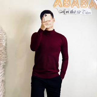 Áo len nam cổ lỡ 5p 5cm màu Đỏ đô len Quảng Châu mềm tay dài Dáng Slim Fit ABABA-5p-1920-do