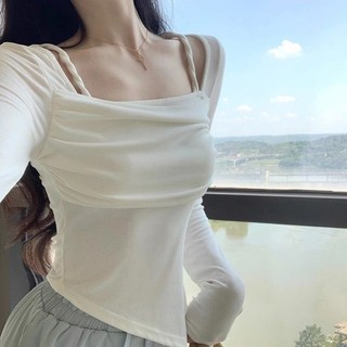 Áo thun body nữ dài tay cổ vuông dây đan vạt chéo hot hit vải nhuyễn tăm óng ánh, dễ mix đồ ôm dáng phong cách Hàn Quốc