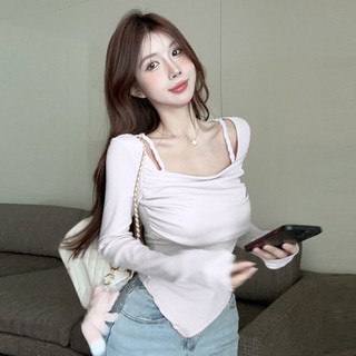 Áo thun body nữ dài tay cổ vuông dây đan vạt chéo hot hit vải nhuyễn tăm óng ánh, dễ mix đồ ôm dáng phong cách Hàn Quốc