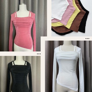 Áo thun body nữ dài tay cổ vuông dây đan vạt chéo hot hit vải nhuyễn tăm óng ánh, dễ mix đồ ôm dáng phong cách Hàn Quốc