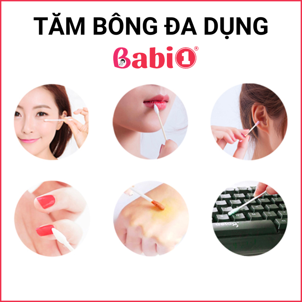 Tăm Bông Trẻ Em BABIONE Tăm Bông Cho Trẻ Sơ Sinh Thân Giấy Kháng Khuẩn Đầu Móc Và Xoắn Hộp 200 Que