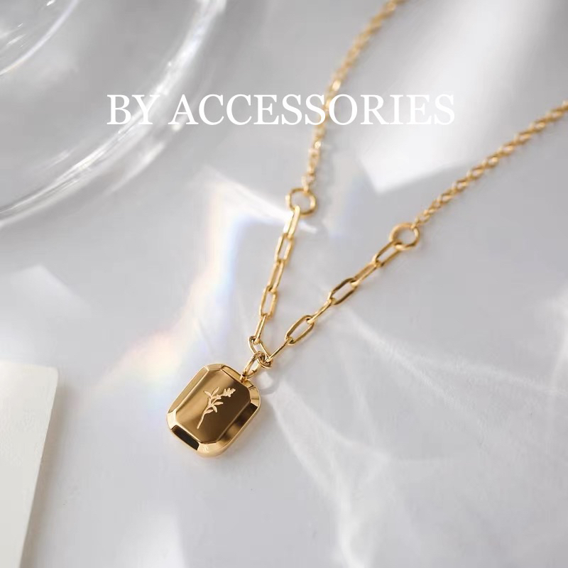 Dây chuyền nữ titan mặt khối hình học nhỏ xinh khắc hình hoa oải hương vintage xinh xắn không gỉ WN2378