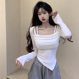 Áo thun dài tay nữ vạt lệch cổ vuông dây đan nhún ngực chất thun nhuyễn tăm cá tính, Áo dài tay body co giãn thoải mái
