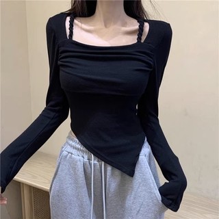 Áo thun dài tay nữ vạt lệch cổ vuông dây đan nhún ngực chất thun nhuyễn tăm cá tính, Áo dài tay body co giãn thoải mái