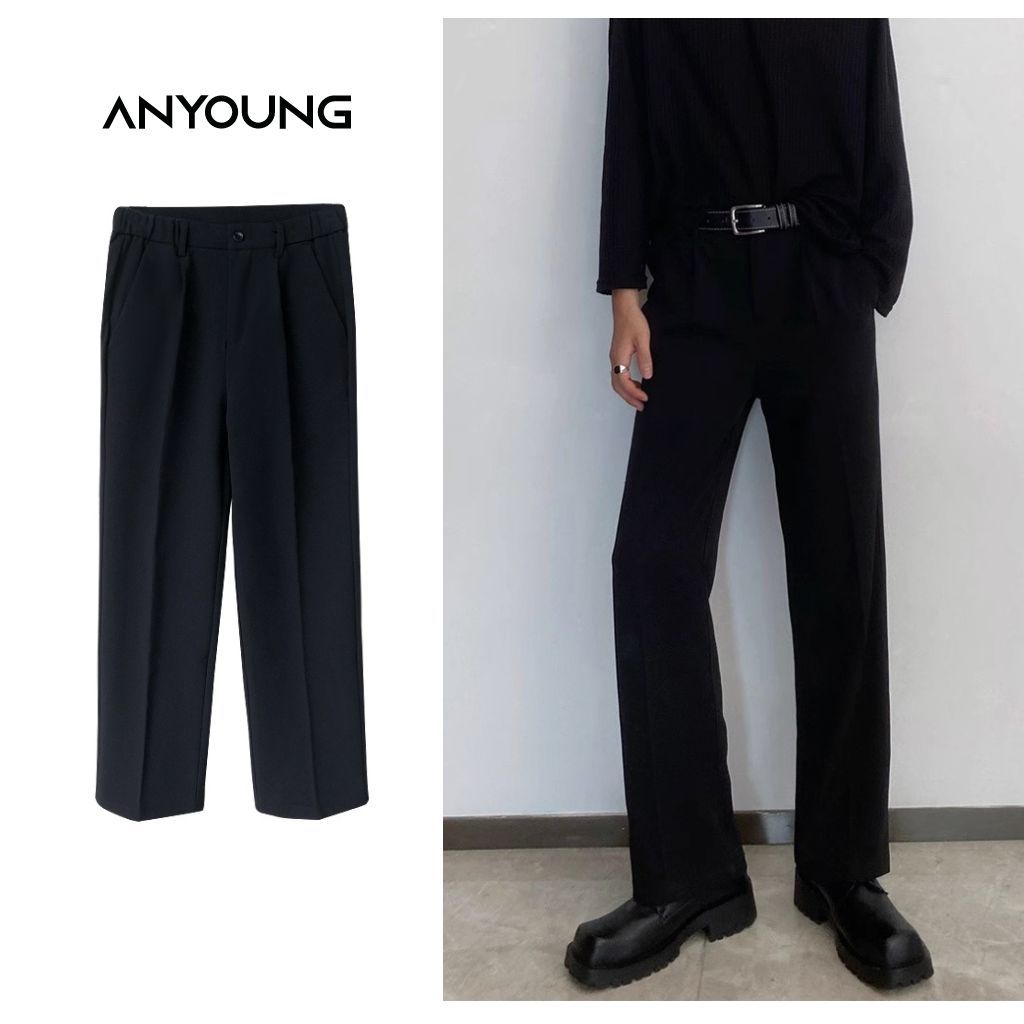 Quần tây nam Anyoung quần âu ống rộng dáng suông có chun đằng sau phong ...
