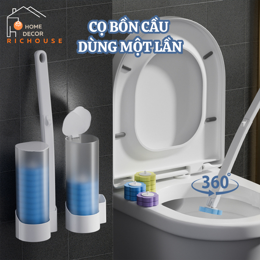 Cọ Vệ Sinh Nhà Tắm Dùng Một Lần Gắn Tường, Cọ Toilet Xoay 360 độ thế hệ mới có đầu thay thế