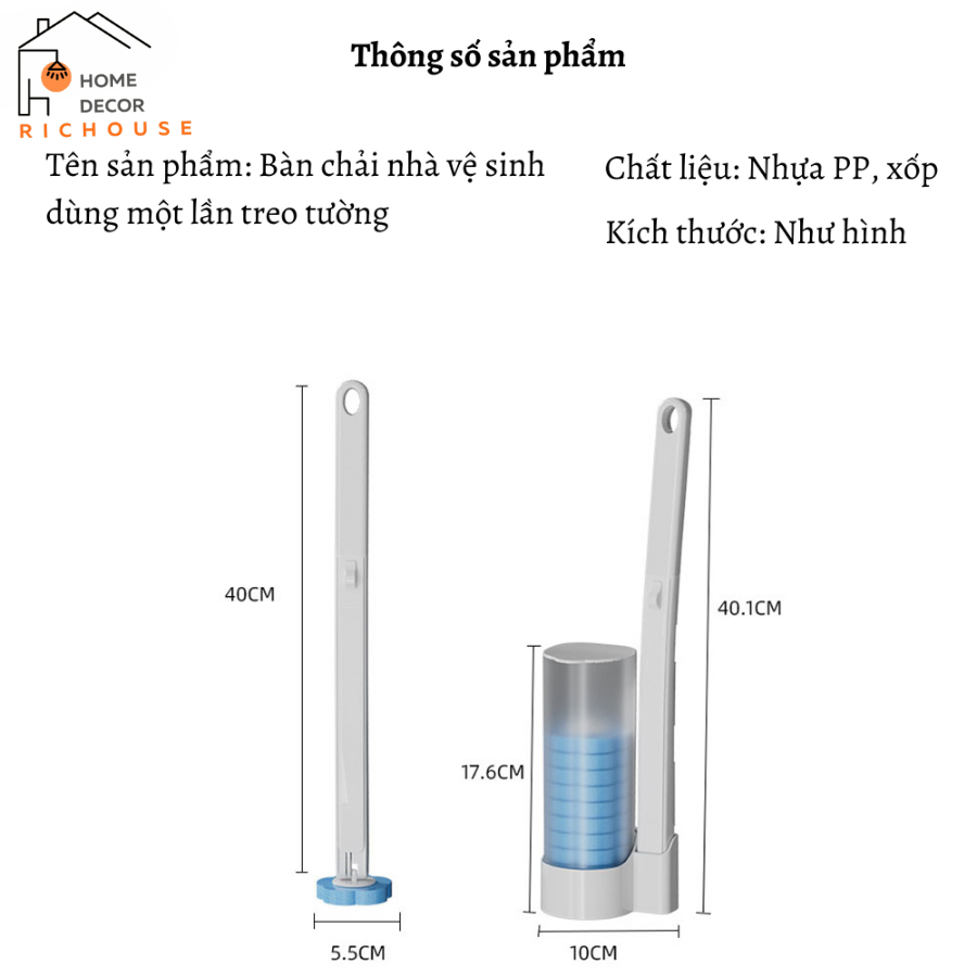 Cọ Vệ Sinh Nhà Tắm Dùng Một Lần Gắn Tường, Cọ Toilet Xoay 360 độ thế hệ mới có đầu thay thế
