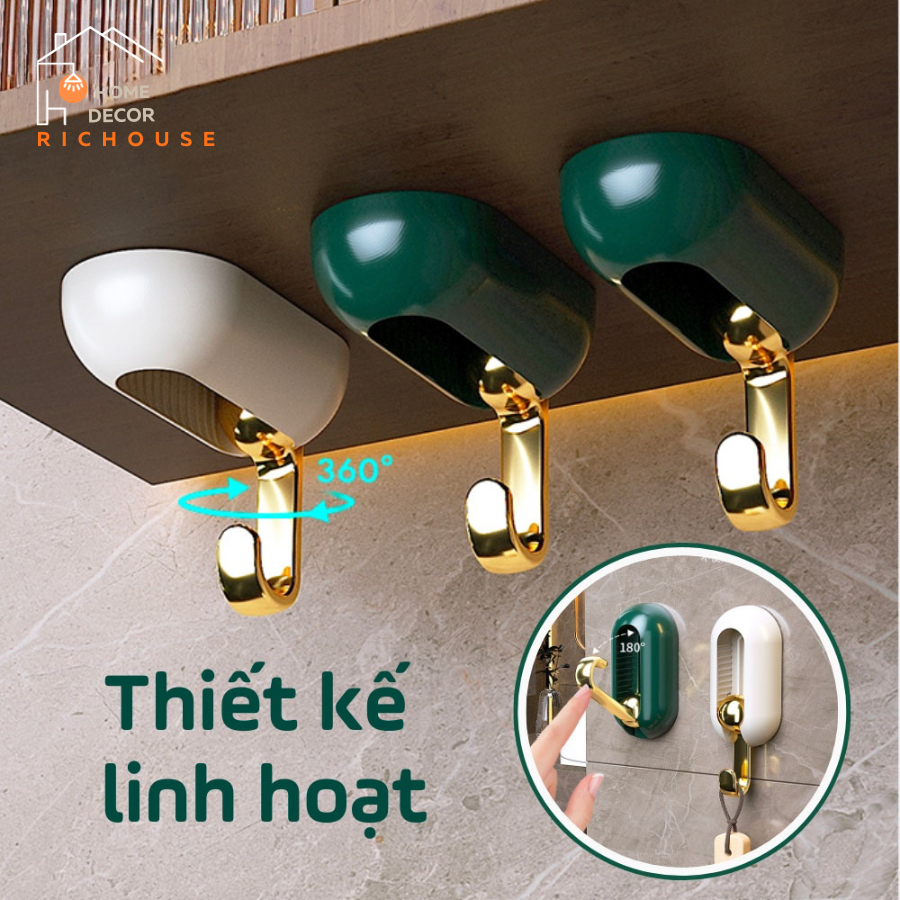 Móc dán tường chịu lực xoay 360 độ, Miếng dán treo tường siêu dính phong cách sang trọng, treo chìa khoá, treo đa năng