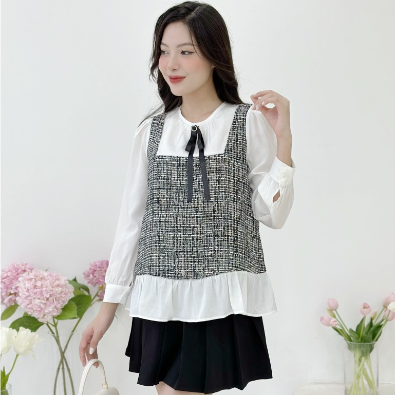 MEDYLA – Áo bầu dạ Tweed phối tay sơ mi cho bầu mặc đi chơi du lịch – ATD1582
