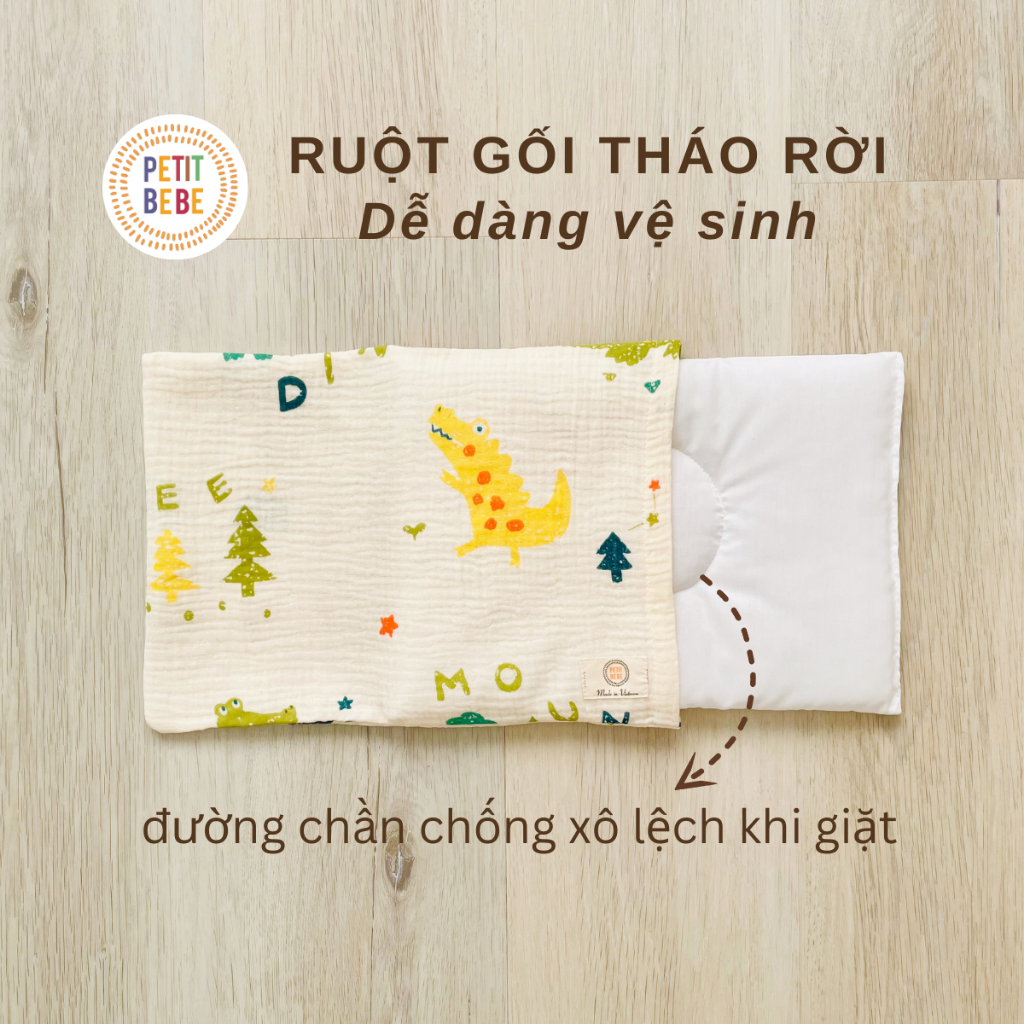 Ảnh Gối mỏng lót đầu bé sơ sinh Petit Bebe muslin thấm hút thoáng khí hoạ tiết đáng yêu 2