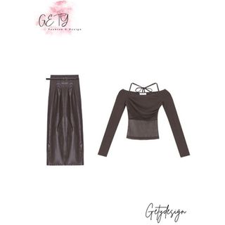 Set Áo Croptop Kèm Chân Váy Da Màu Nâu Gety Design Set Váy Áo Thiết Ké Cao Cấp