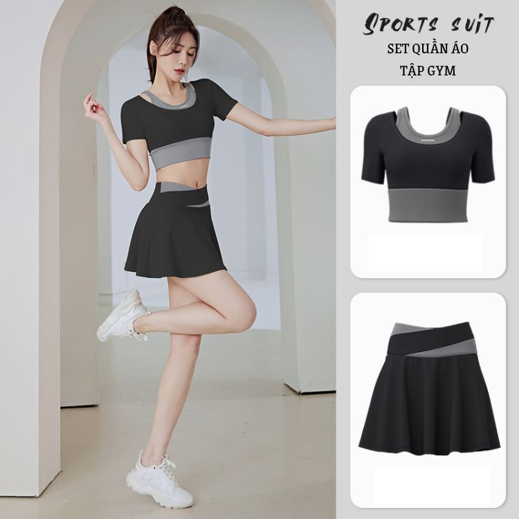 Đồ tập gym nữ thể thao dạng váy chữ A yoga erobic cao cấp quần áo gym nữ Quảng Châu croptop sẵn mút MD035&MQ005 T2T3 spe