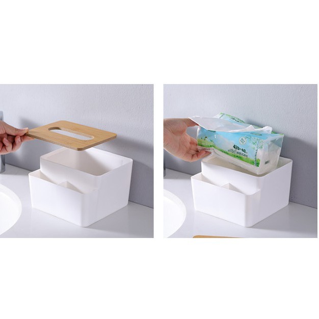 Hộp Đựng Giấy Ăn Vuông Để Bàn Ăn 2 Ngăn Đựng Đồ Thông Minh Nắp Gỗ Decor