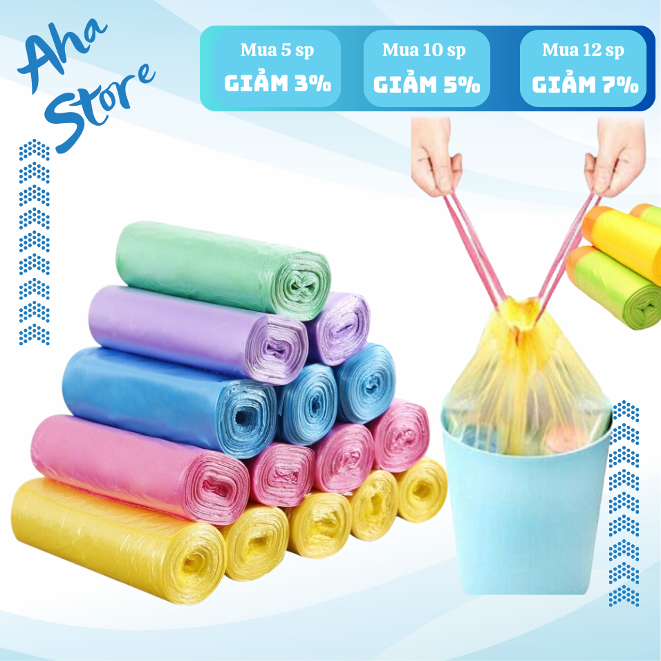 Combo 5 cuộn túi đựng rác có dây rút tự phân hủy kích thước 45x50cm(15 ...