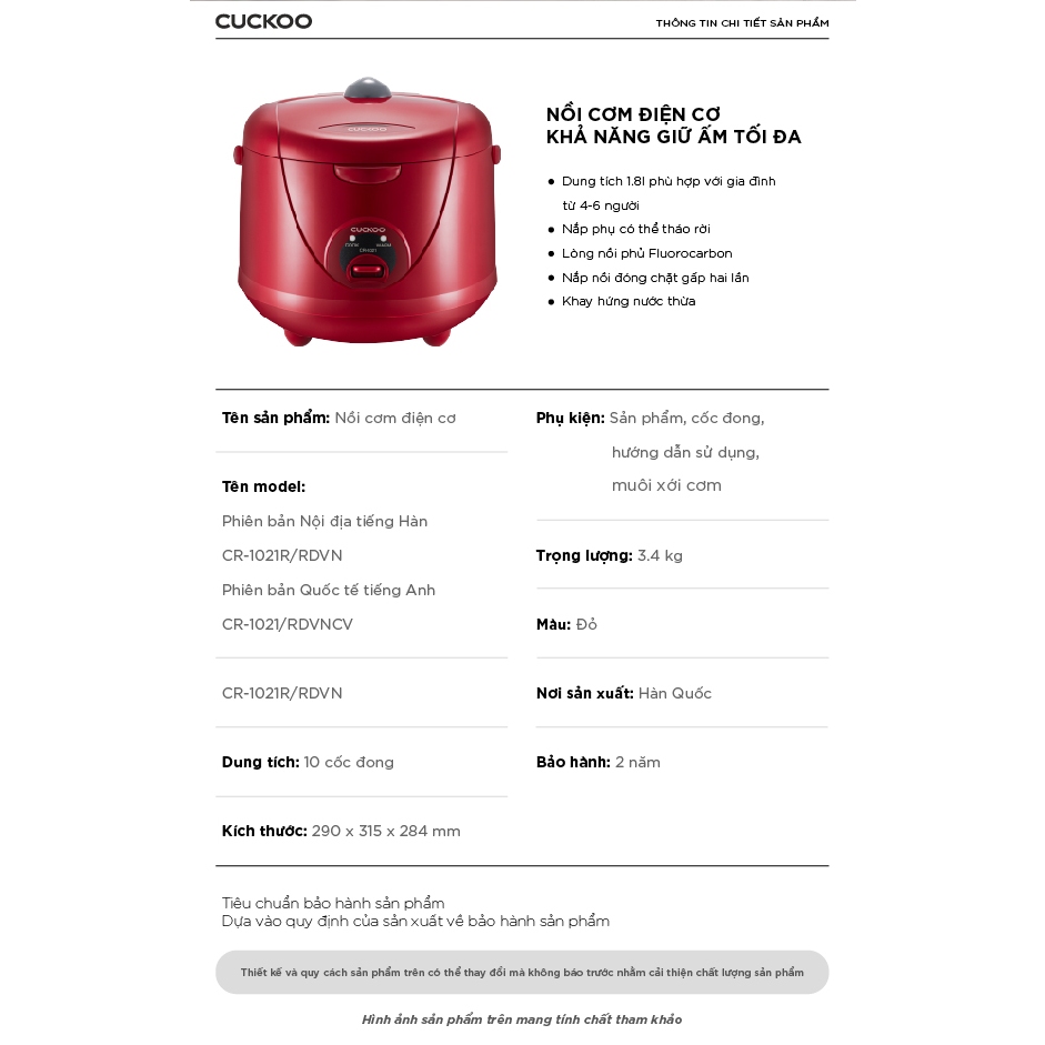 Ảnh Nồi cơm điện Cuckoo 1.8 lít CR-1021 - màu đỏ - bản quốc tế- lòng nồi chống dính- Hàng chính hãng Cuckoovina 3