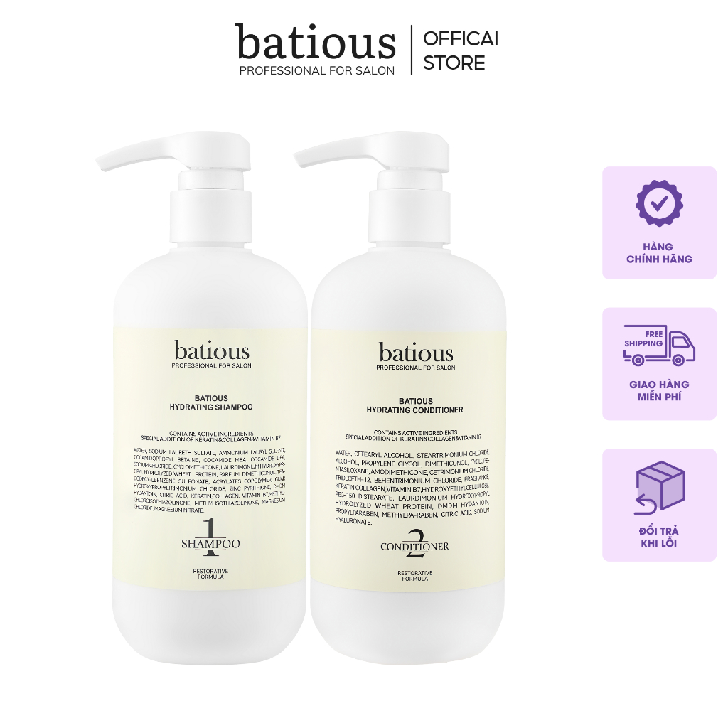 COMBO DẦU GỘI - DẦU XẢ BATIOUS Hydrating trắng giúp tóc mềm mượt chắc ...