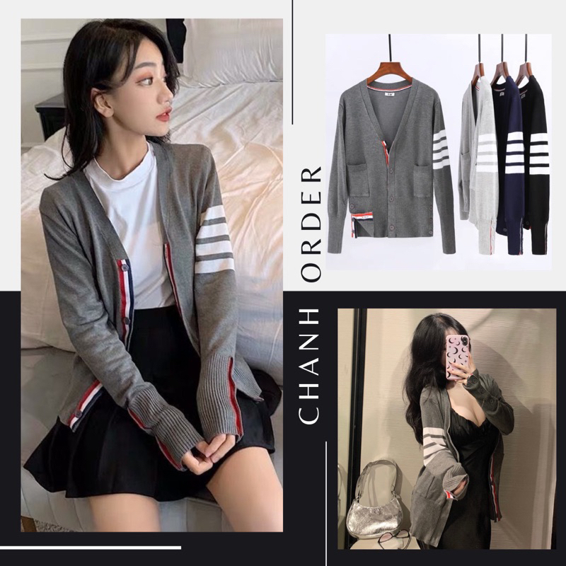 Áo nam nữ Cardigan Thom Len Mỏng Hoạ Tiết Bốn Sọc phong cách Hàn Quốc (HOT)
