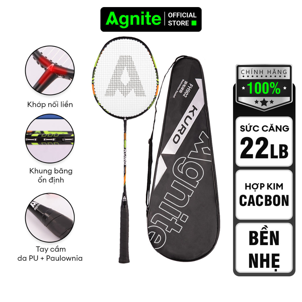 [TẶNG ỐNG 12 CẦU] Vợt đơn cầu lông cao cấp AGNITE chính hãng khung carbon siêu bền nhẹ tặng kèm túi đựng, căng sẵn dây