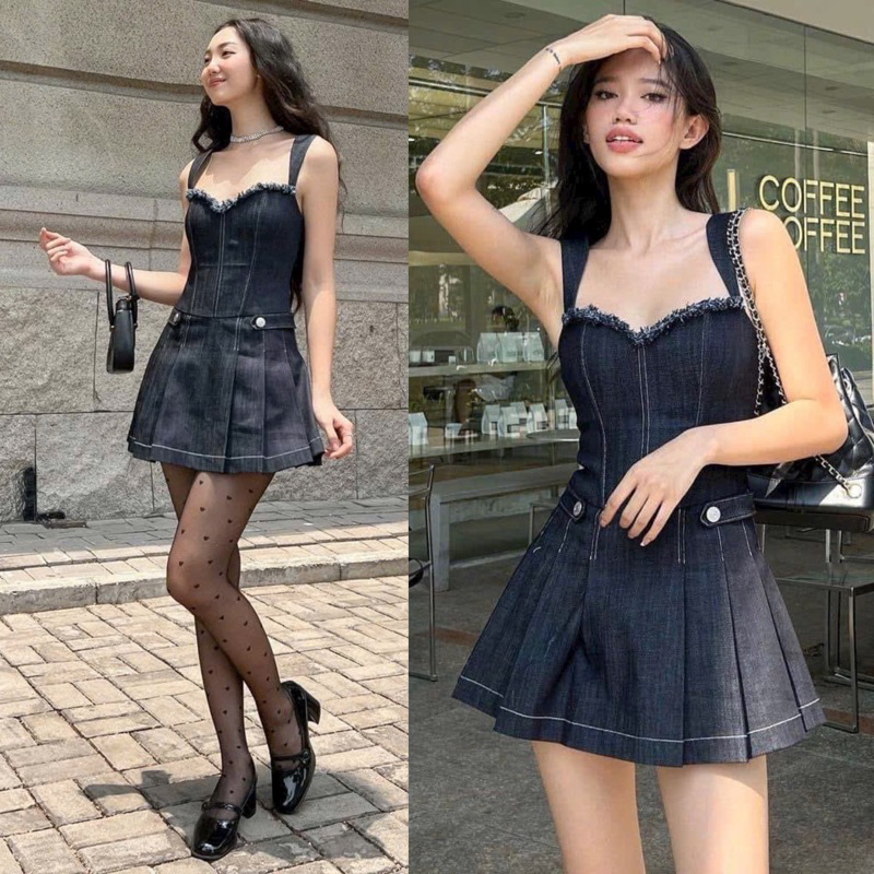 Đầm dự tiệc thương hiệu Đầm Váy Mina hai dây bản to dáng xoè xếp ly chất Jeans cao cấp quyến rũ trẻ trung MN245 spe