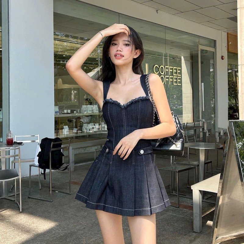 Ảnh Đầm dự tiệc thương hiệu Đầm Váy Mina hai dây bản to dáng xoè xếp ly chất Jeans cao cấp quyến rũ trẻ trung MN245 2