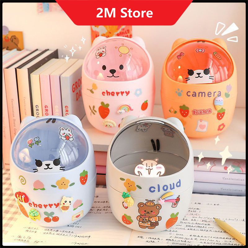 (TẶNG KÈM STICKER) Thùng Rác Mini Hình Gấu Có Nắp Kiêm Hộp Đựng Bút Và ...