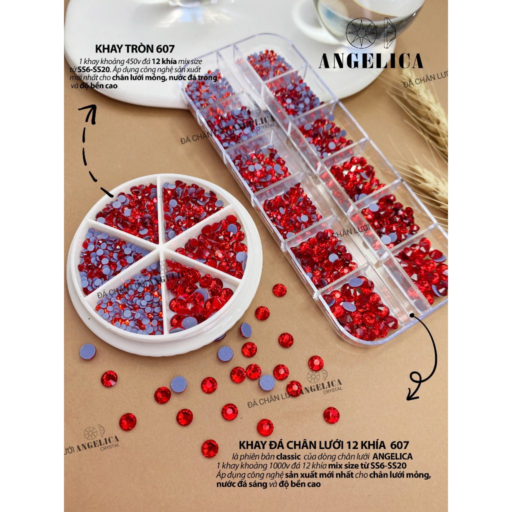 Đá chân lưới nail 12 khía màu đỏ ruby Light Siam đính móng ANGELICA 607