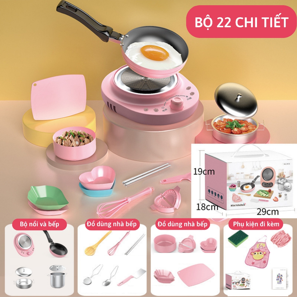 Đồ chơi nấu ăn thật 22 chi tiết, đồ chơi nhà bếp mini cho bé trải nghiệm.