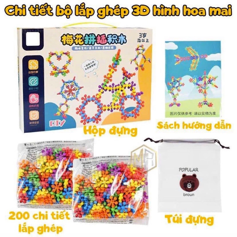 Bộ lắp ghép 3D hình hoa mai 200 và 400 chi tiết, mô hình lắp ráp hoa mai 3D xoay chiều tặng kèm hướng dẫn lắp ráp