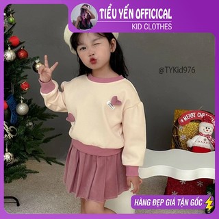 Quần áo trẻ em, Bộ cao cấp bé gái, áo nỉ kem trái tim và chân váy nhung hồng xếp ly S976 | Tiểu Yến KID