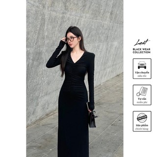 Váy đen body dài xếp nhún cổ tim cao cấp LUST chất liệu dày dặn thiết kế đẹp - M181