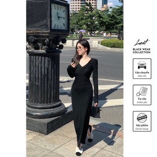 Váy đen body dài xếp nhún cổ tim cao cấp LUST chất liệu dày dặn thiết kế đẹp - M181