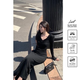 Váy đen body dài xếp nhún cổ tim cao cấp LUST chất liệu dày dặn thiết kế đẹp - M181
