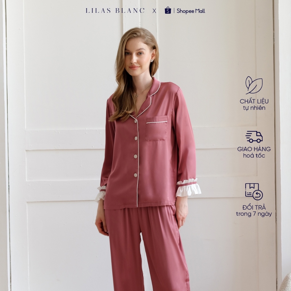 Bộ Pyjamas Nữ Mặc Nhà Áo Dài Quần Dài Chất Liệu Lụa Màu Hồng đỗ Thiết Kế Phối Viền Bèo Trắng Bella LILAS BLANC spe