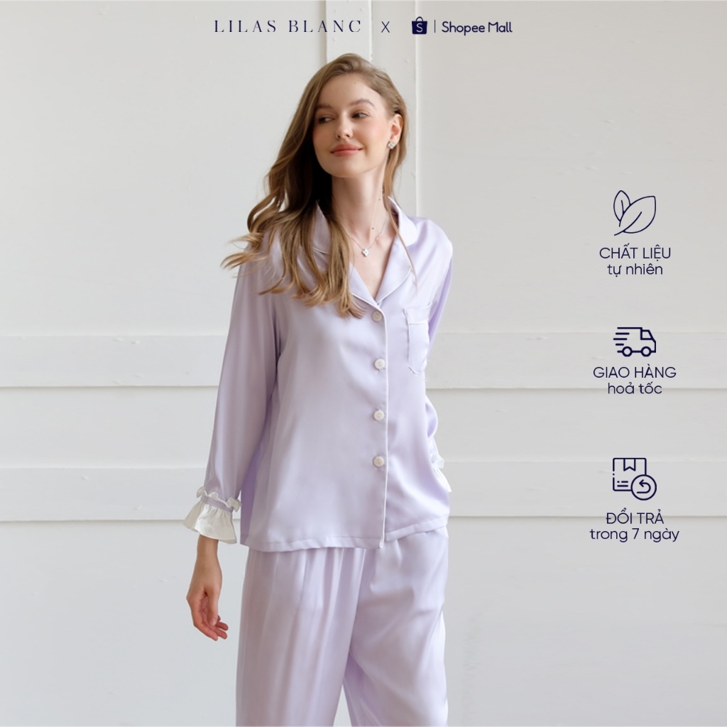 Bộ Pyjamas Nữ Mặc Nhà Áo Dài Quần Dài Chất Liệu Lụa Màu Tím Lavender Thiết Kế Phối Viền Bèo Trắng Bella LILAS BLANC spe