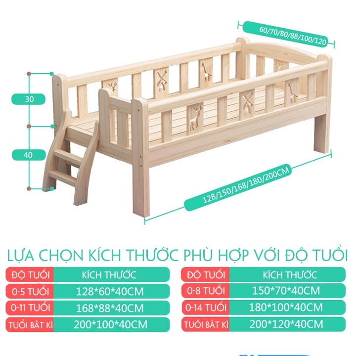 Giường Ngủ Cho Bé-HN61- Kích thước 128x60x40cm, Gỗ thông tự nhiên-Bảo hành bởi HONALIFE