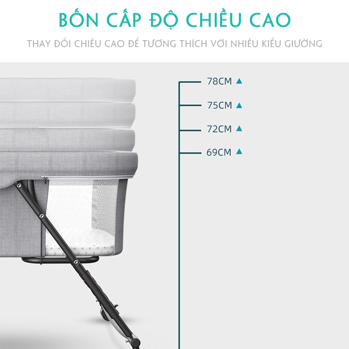 Nôi Gấp Gọn Cho Bé - Kích thước lòng nôi 90x50cm, Điều chỉnh độ cao- Bảo Hành Bởi HONALIFE