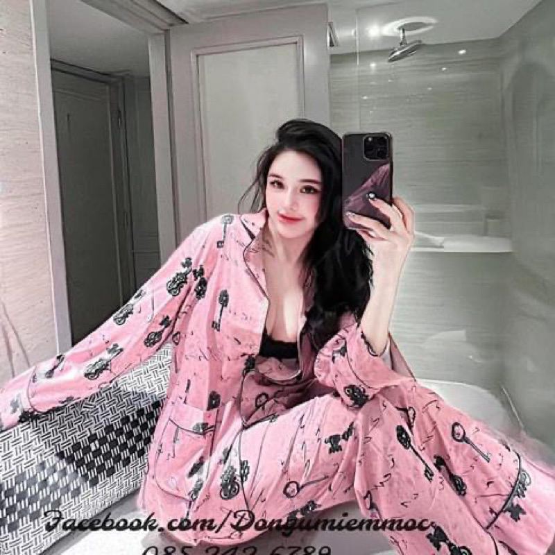 Bộ ngủ pizama phối hoạ tiết hồng gấm Bộ ngủ mặc nhà nữ sang chảnh